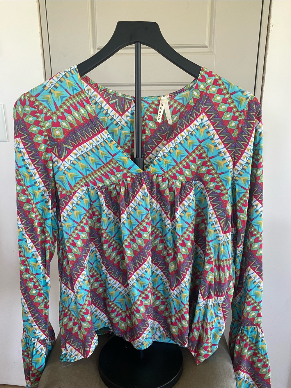 Roper Boho Geometric Print Peasant Top - Turquoise & Burgundy